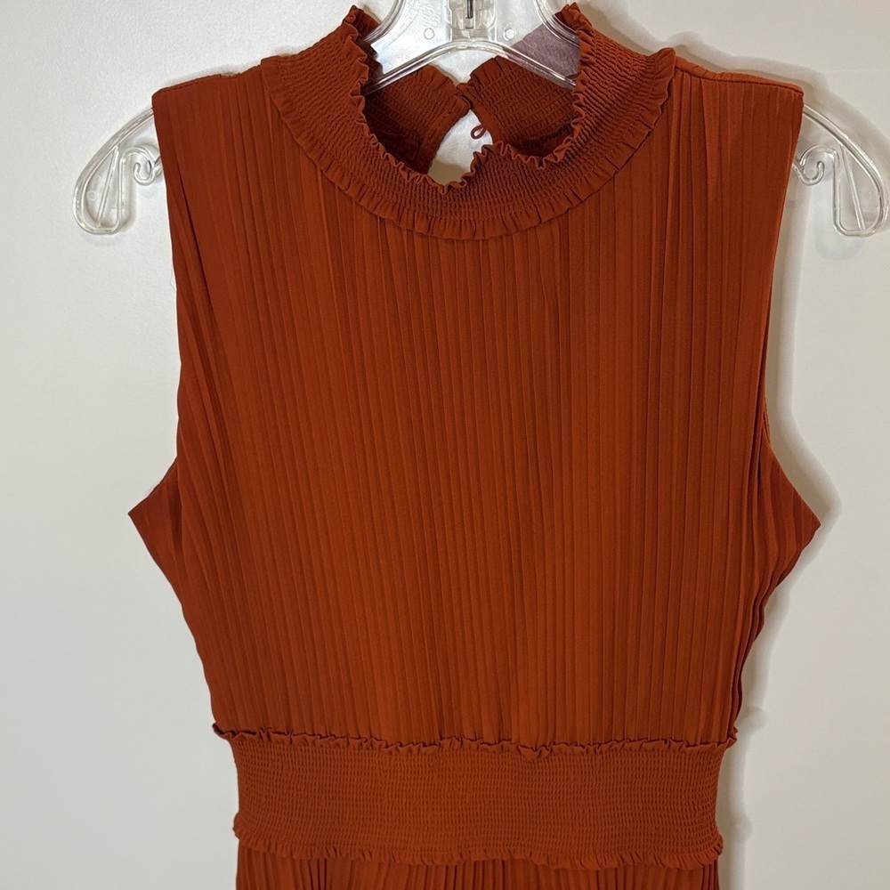 Nanette Lepore Sleeveless Rust Knife Pleat Midi Dress